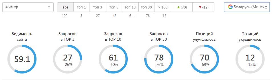 Сводка позиций гугла по региону Минск с долями топа и видимостью