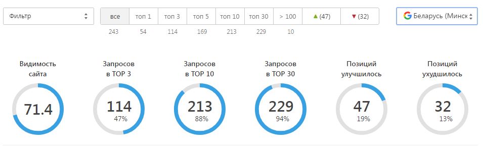 Панель позиций в гугле по тому же списку из 243 запросов