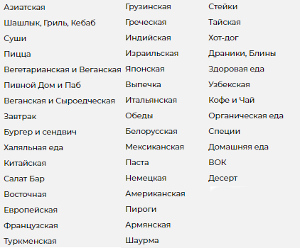 Список разделов каталога доставки еды по кухням и типам блюд