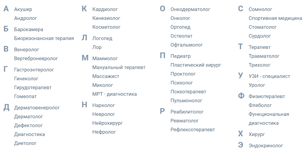 Алфавитный указатель направлений клиники: 57 специальностей от акушера до эндокринолога