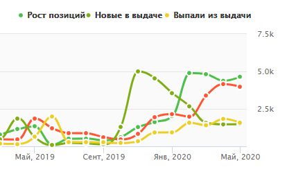 График новых запросов в выдаче и роста позиций сайта за год наблюдений