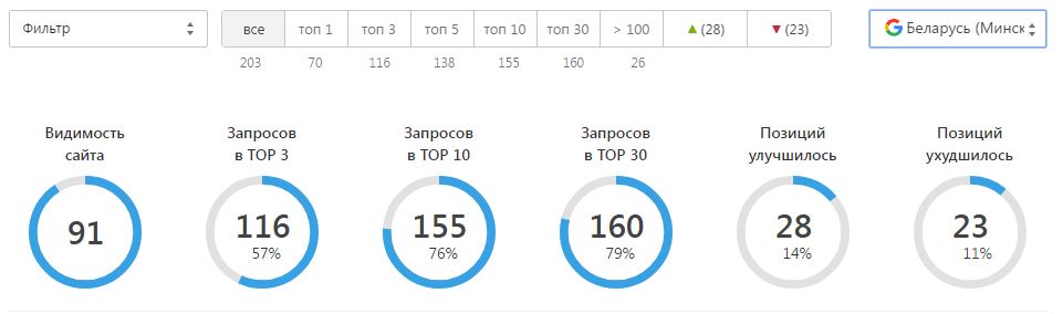 Панель позиций в гугле по тому же списку из 203 запросов