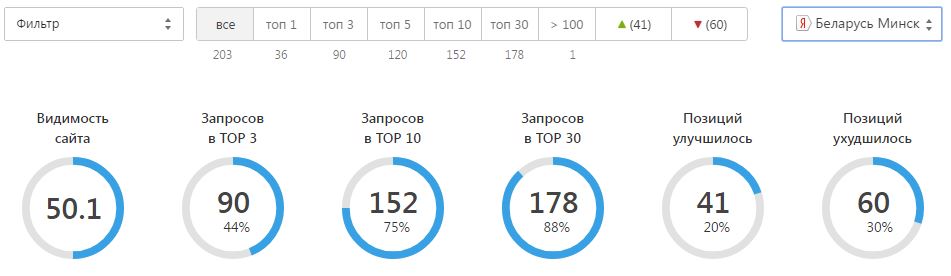 Панель позиций в яндексе по Минску со сводкой топов и видимости