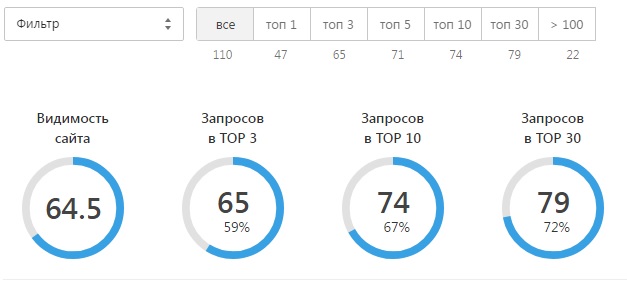 Сводка мониторинга позиций по списку из 110 фраз, видимость 64,5